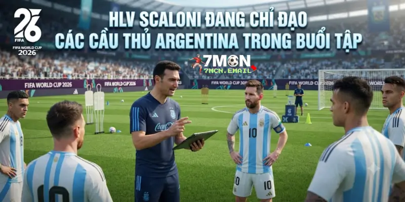 HLV Scaloni đang chỉ đạo các cầu thủ Argentina trong buổi tập