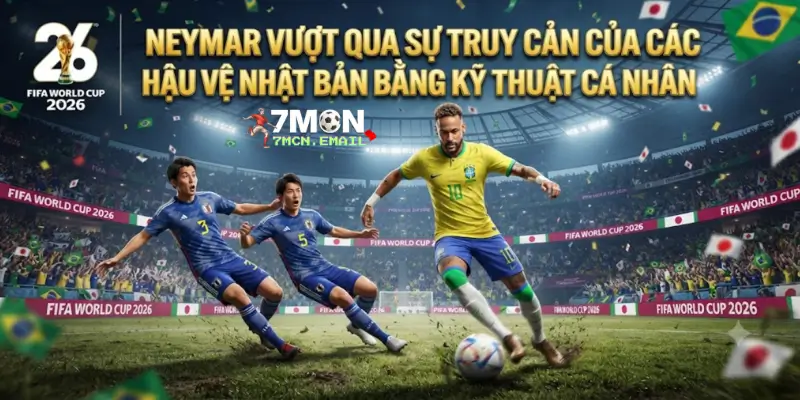 Neymar vượt qua sự truy cản của các hậu vệ Nhật Bản bằng kỹ thuật cá nhân